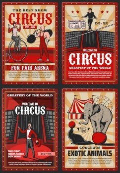 Circus and funfair arena show, vector vintage retro posters. Welcome to circus shapito performance with seal juggling and elephant balancing on ball, strongman and tight rope walking equilibrist. Shapito big top circus, funfair show retro posters