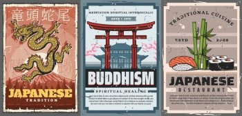 Japan travel, Japanese culture traditions and religion, vintage vector posters. Buddhism temples and pagodas, spiritual meditation and intrinsically, golden dragon symbol and Japanese sushi food. Japanese culture and traditions, food and temples