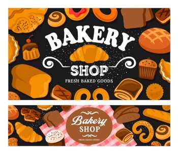 Bread and bakery vector. Baker shop bake bagels and buns assortment. Fresh and tasty baking rye sweet dessert donut, bread, croissant and baguette, pretzel and cupcake. Bread and bakery pastry vector poster