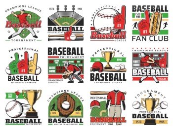 Baseball sport game vector icons with balls, bats and winner trophy cup. Stadium play field, pitcher player helmet and scoreboard, catcher glove, sporting items and fun hand. Baseball club emblems. Baseball sport game icons with balls, bats and cup