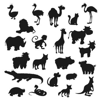 Cartoon animals, isolated black silhouettes. Vector wild lion, fox, safari giraffe and monkey, farm cow, goat, pig, dog and cat. Duck and croc, ostrich and flamingo, rhino, camel, snake and turtle. Cartoon animals isolated black silhouettes, vector