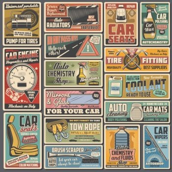 Auto service retro posters with vector car repair and tuning spare parts. Vehicle engine, motor, brake and wheel tire, piston, wipers and seats, radiator, tow rope, coolant and mechanic garage tools. Auto service car repair and tuning spare parts