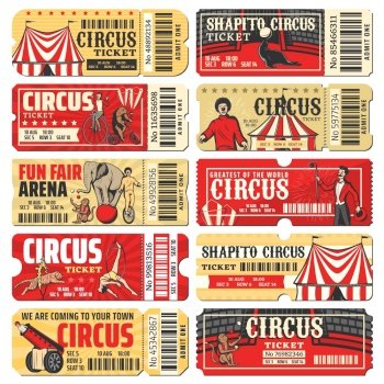 Circus ticket vector templates of chapiteau carnival show. Vintage invite cards and pass coupon with big top circus tent, clowns, acrobats and trained animals, monkey juggler, rocket man and elephant. Circus, chapiteau, carnival show ticket templates