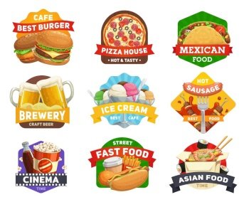 Fast food icons, burgers menu, restaurant hamburgers, drinks, snacks and sandwiches, cinema, bar vector signs. Pizzeria pizza, popcorn, Mexican taco and Asian noodles, Japanese sushi and hot dog grill. Fast food icons, burgers, sandwiches restaurant