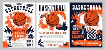 Basketball tournament, sport league cup championship posters. Vector basketball ball goal in basket, streetball player shoe and fire flame with victory stars on halftone orange and blue background. Basketball sport league cup, team tournament