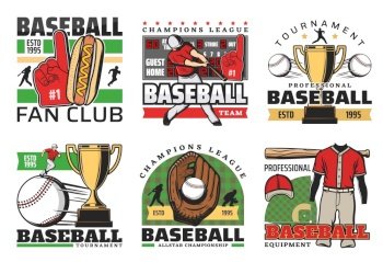 Baseball sport tournament, professional team club badges and league tournament icons. Vector baseball or softball game player bat and ball, victory golden cup, scoreboard and thumb up fan glove. Baseball sport club tournament, golden cup game