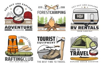 Outdoor adventure and travel hobby icons. Vector river rafting club badge, forest camping and mountain hiking tours, summer travel recreation vehicle rental company sign and tourist camping equipment. Rafting, forest camping and hiking travel icons