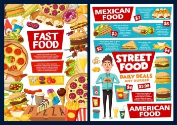 Fast food restaurant burgers, hot dogs and Mexican cuisine price menu. Vector fastfood combo meals menu of cheeseburger, tacos and burrito with ketchup, kebab and soda, donut dessert and coffee. Fast food burgers, Mexican fastfood menu price