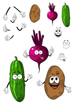Cucumber, potato and beet vegetables in cartoon style with smiling faces