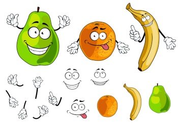 Banana, pear and orange smiling fruits in cartoon style isolated on white