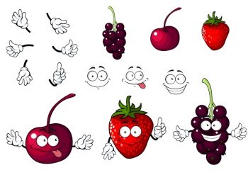 Cartoon cherry, strawberry and blackberry fruits isolated on white background