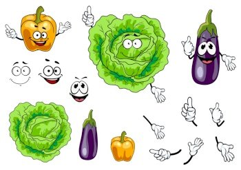 Cabbage, pepper and eggplant vegetables in cartoon style isolated on white