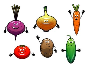 Beet, onion, carrot, tomato, potato and cucumber vegetables in cartoon style