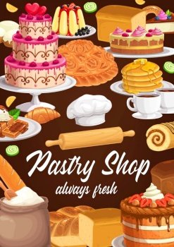 Desserts and sweet pastry vector banner. Bakery, bread, pie and cake confectionery. Wedding cake with raspberry, jelly pudding with currant, pancakes poured honey, waffles with ice-cream and topping. Desserts and sweet pastry shop. Vector