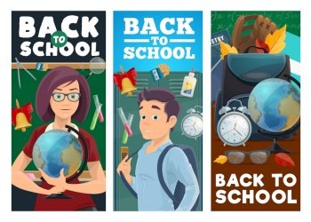 School education vector banners. Cartoon teacher woman holding a globe, pupil and blackboard, lockers and student supplies. Tutor and teen student with schoolbag and educational accessories. School education, teacher and pupil