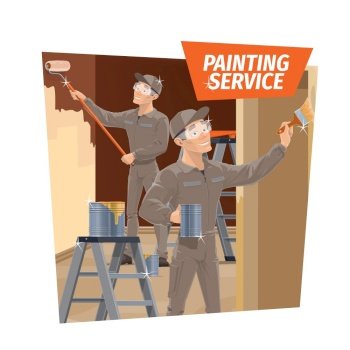 Wall painting and wood varnishing, repair service. Workers in overalls and goggles, using roller and brush, painting walls and varnishing wooden elements. Home, office repair, room interior renovation. Wall painting and wood varnishing, service