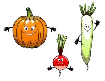 Radish, turnip and pumpkin vegetables with smiles in cartoon mascot style for bio food design