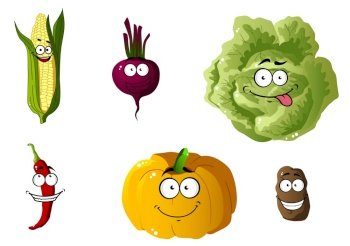 Corn, pepper, pumpkin, cabbage and potato vegetables in cartoon style isolated on white