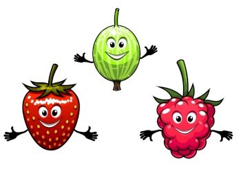Gooseberry, raspberry and strawberry berries in cartoon style