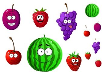 Appetizing berries and fruits set isolated on white background. Watermelon, raspberry, cherry, plum, strawberry, grape. Cartoon style