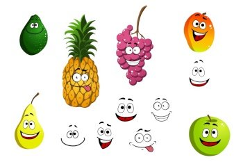  Apricot, pineapple, apple, pear, grape and lemon fruits in cartoon style isolated on white