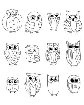Cartoon owls and owlets birds isolated on white background