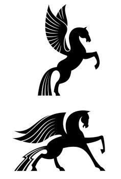 Two black winged horses for heraldry and decoration design