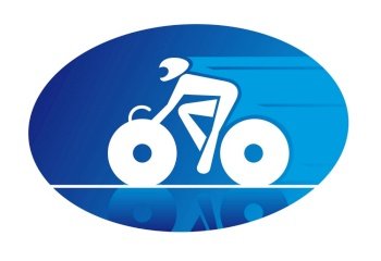 Blue oval icon of a racing cyclist on a bicycle travelling at speed and wearing a safety helmet