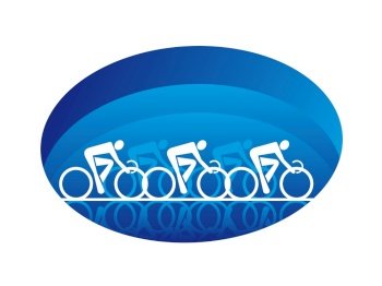 Abstract illustration of the white silhouettes of three racing cyclists on an oval blue shape, isolated on white background