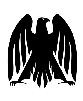 Black and white impressive Imperial eagle silhouette with raised outspread wings and curved talons, head turned in profile for heraldry design