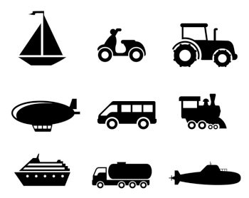 Collection of transport icons depicting a boat, scooter, tractor, blimp, van, train, liner, truck and airplane in black silhouette