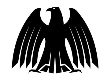 Silhouette of a proud eagle with outspread wing and tail feathers looking to the side for heraldry design