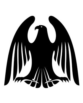Black eagle silhouette with raised wings and long feathers for tattoo or heraldry design. Black silhouette of an eagle with raised wings