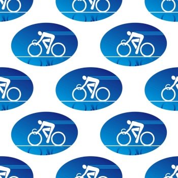 Seamless background pattern with cycling sports icon in a blue oval surround in square format. Cycling icon in a blue oval surround