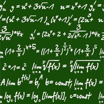 Seamless green and white background pattern of mathematical equations handwritten in chalk on a board