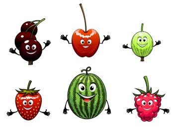Cartoon illustration of six happy friendly fresh fruit with big beaming smiles waving their arms including a watermelon, currant, strawberry, raspberry and cherry. Happy friendly fruit
