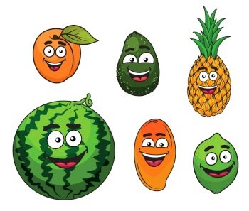Fresh tropical fruits set wit a happy smiling apricot, avocado, pineapple, watermelon, mango and lime. Cartoon style. Set of fresh tropical fruit illustrations