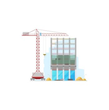 Tall office building construction isolated facade and lifting crane icon. Vector machinery and stop signs, piles of build materials. House construction site, store warehouse or office building. Skyscraper construction site isolated building