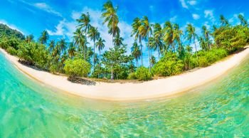Panorama of beautiful beach on paradise round tropical island with coconut palm trees, white sand, blue water and no people