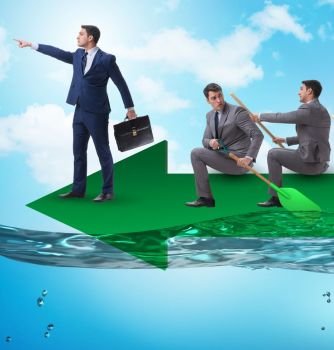 Teamwork concept with businessmen on boat. The teamwork concept with businessmen on boat