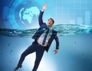 The drowning businessman in insolvency and bankruptcy concept. Drowning businessman in insolvency and bankruptcy concept
