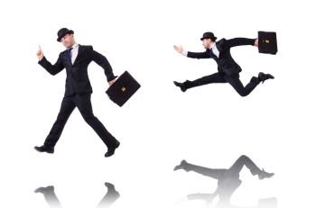 The funny businessman jumping on white. Funny businessman jumping on white