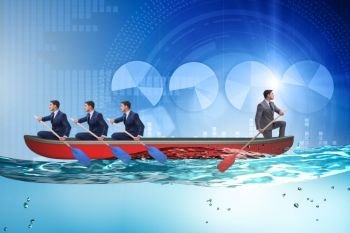 Disagreement concept with businessmen rowing in different directions. Disagreement concept with businessmen rowing in different direct