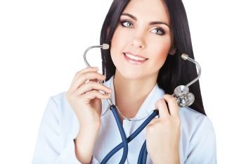 smiling doctor wearing stethoscope on white background