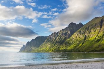 Beautiful natural landscapes in Senja  island, Norway. Summer season, travel time.