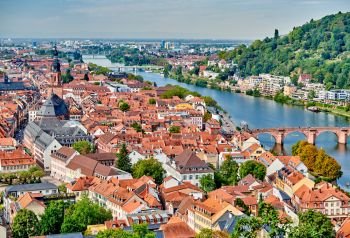 Heidelberg town with old Karl Theodor bridge on Neckar river in Baden-Wurttemberg, Germany 