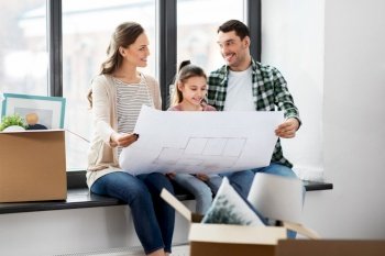 mortgage, family and real estate concept - happy mother, father and little daughter with blueprint and stuff in boxes moving to new home. happy family with blueprint moving to new home