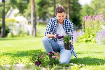 gardening and people concept - woman planting rose flowers at summer garden. woman planting rose flowers at summer garden