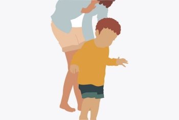 Illustration of a mother holding her baby toddler walking  - Trendy and minimal Portrait
