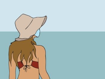 Illustration of a woman in bikini using face mask at the beach - The summer after coronavirus quarantine
